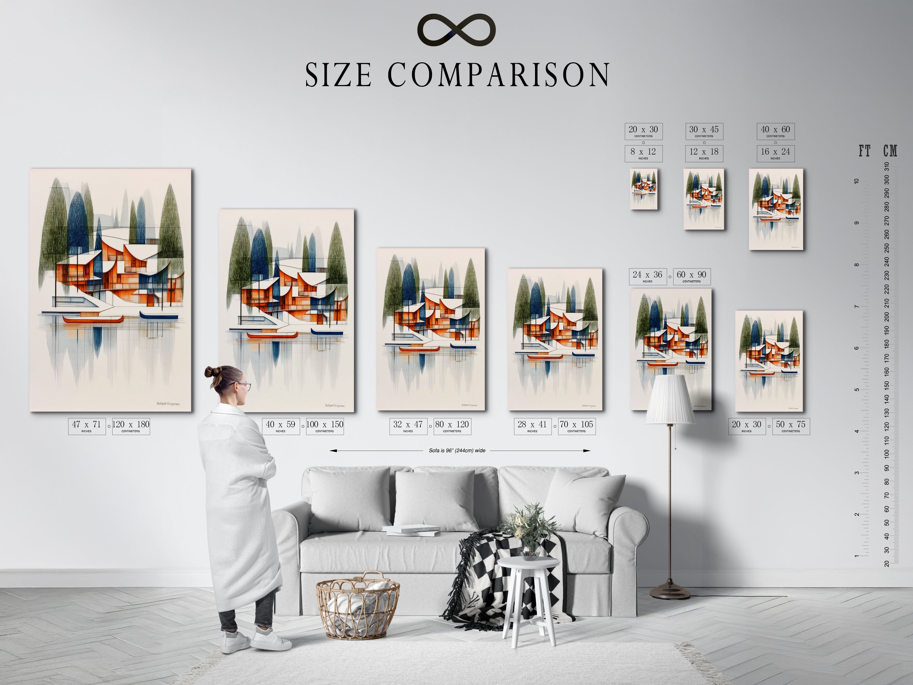 A size comparison chart is displayed in an interior setting. Visualize the perfect fit for your architectural lake house art. Choose the ideal dimensions to complement your space. Transform your walls with this modern artwork.
