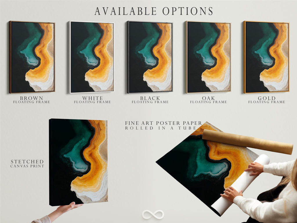 Available options for Abstract Resin Art Paintings are displayed. Choose from a stretched canvas print fine art poster paper or a floating frame. The artwork features emerald green and orange geode patterns for modern home decor.