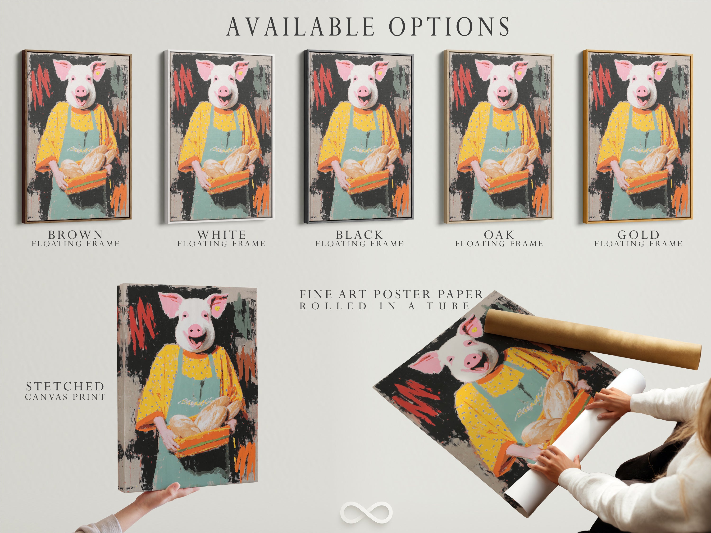 Available options for the Pig Baker artwork. Choose from a stretched canvas print a fine art poster paper or a floating frame. Customize your artwork to match your style. Find the perfect piece.