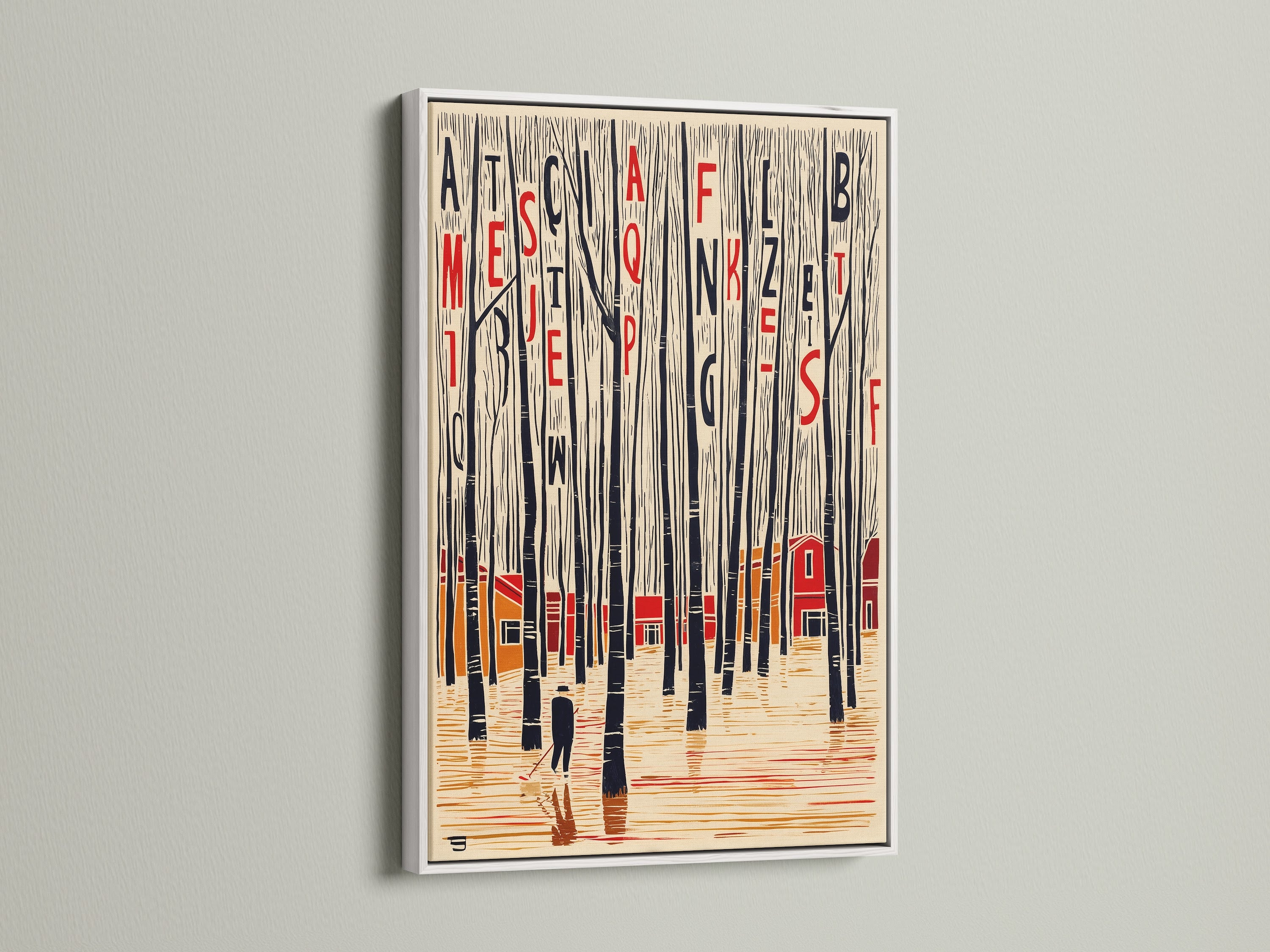 The typographic forest artwork is presented in a clean white frame. This scandinavian art enhances modern wall art. Ideal for study room art or home office art. The abstract forest brings nature indoors. This unique wall art piece features a blend of trees cabins and embedded letters.