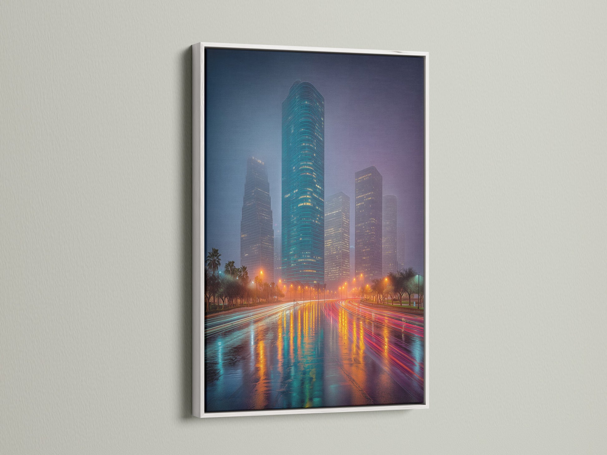 Cityscape artwork displayed in a white frame. This urban canvas art brings a fresh modern look. A skyline print is perfect for brightening any space. The white frame complements the teal and orange tones of the artwork beautifully