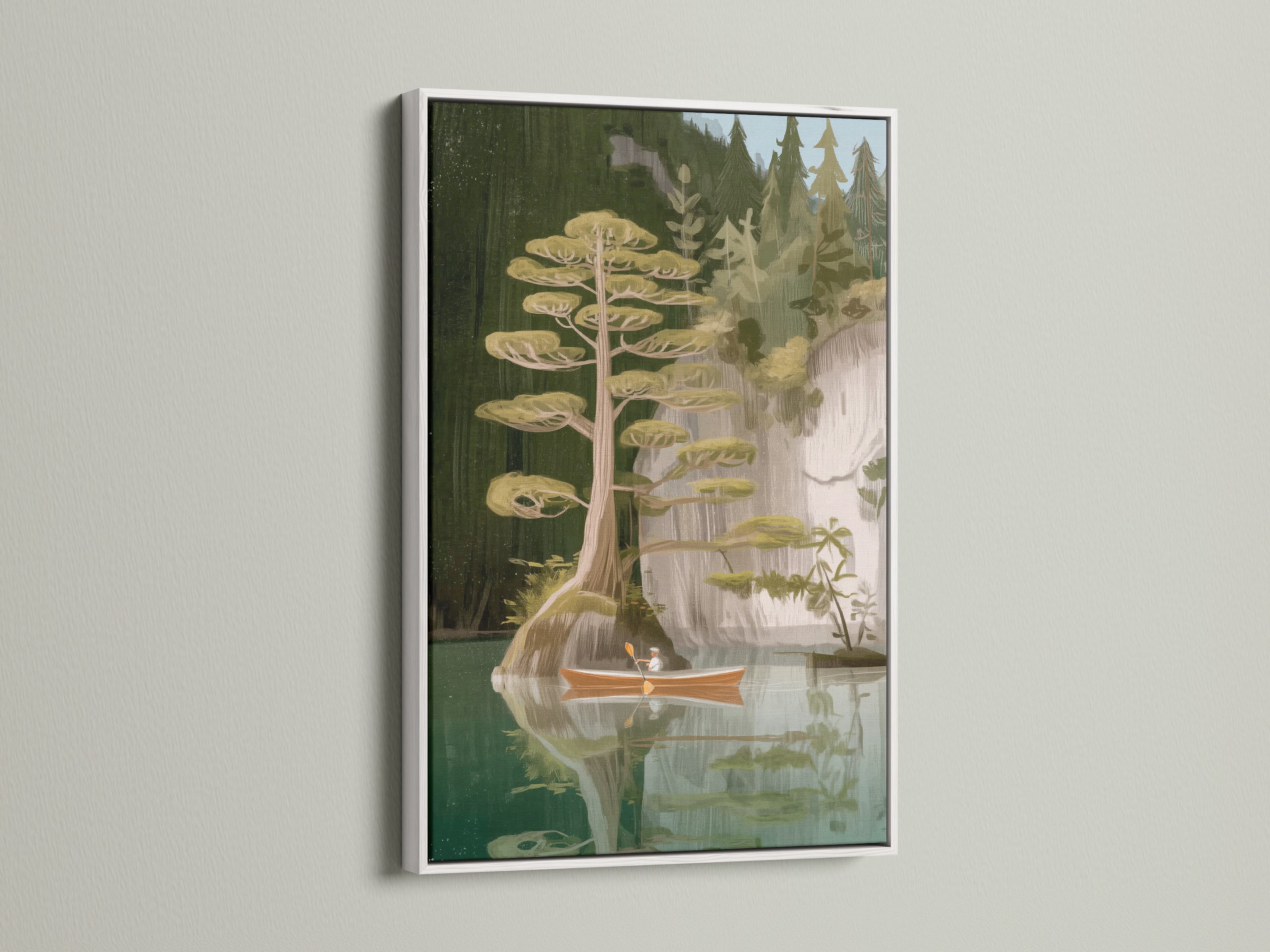 Lake and Canoe canvas art in a white frame. The white frame offers a clean modern look. It makes the nature wall art stand out. Ideal for homeowners and interior designers. Add a touch of tranquil art to your living room or bedroom.