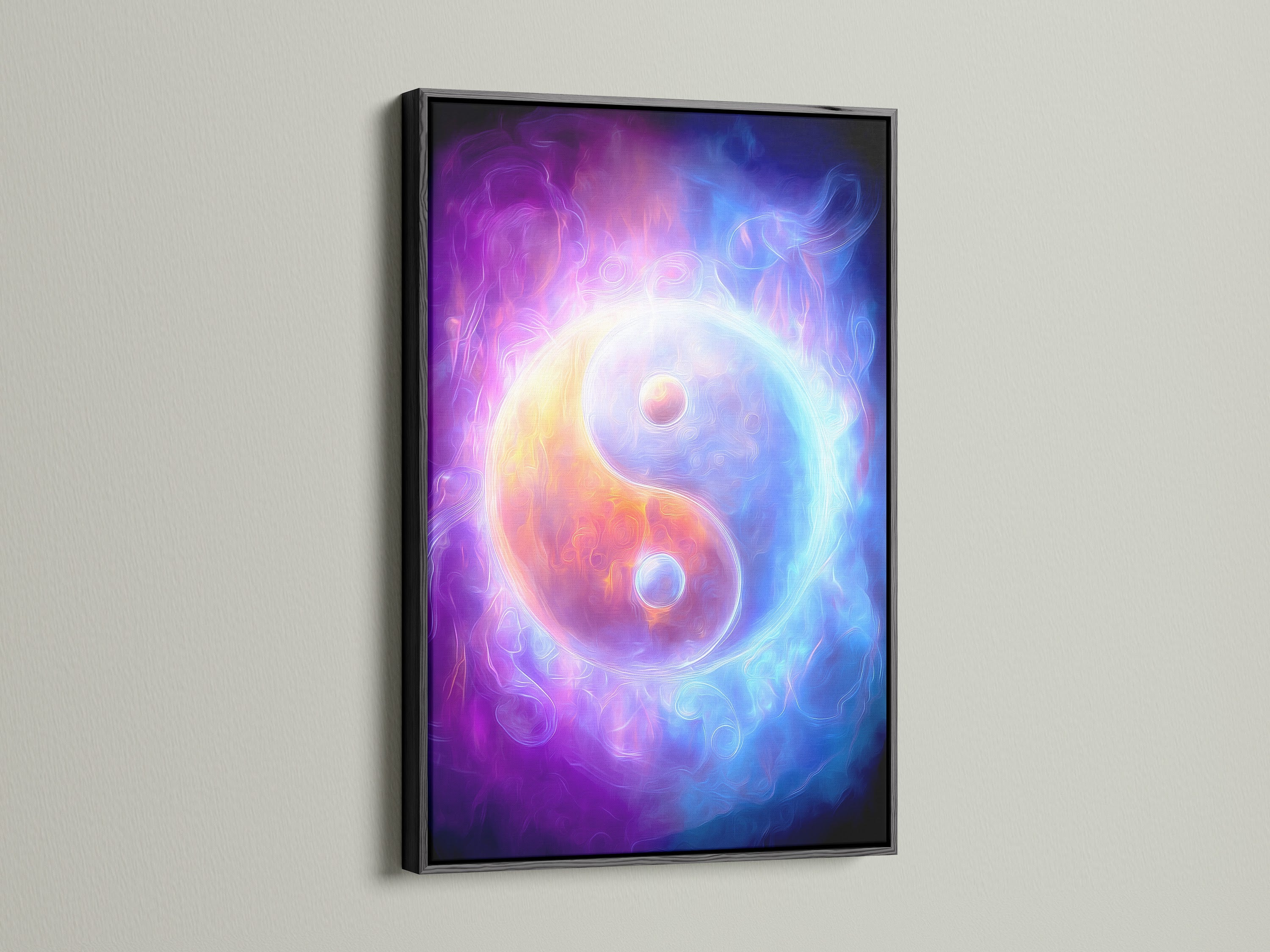 Check out this Yin Yang cosmic energy wall art in a sleek black frame. The purple and blue abstract art symbolizes balance. It enhances modern and minimalist interiors. Perfect for meditation rooms and healing spaces. Explore cosmic energy prints and holistic decor options