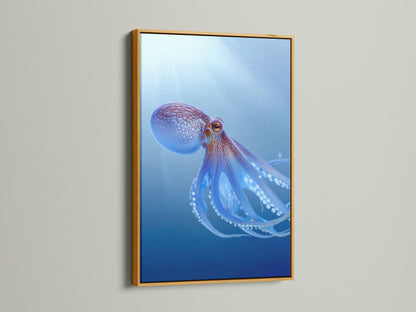 A gold frame adds a touch of luxury to this octopus art print. The teal blue sea wall art is elevated by the metallic accent. This marine animal artwork brings a sophisticated coastal feel. Perfect for creating a stylish ocean-themed room. Discover the beauty of sea canvas art.