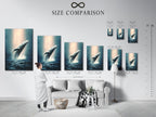 Size comparison chart in interior setting. It is ocean wildlife wall art. It features a humpback whale. This is marine life artwork. The whale artwork is perfect for coastal wall decor. It is a sea life print.