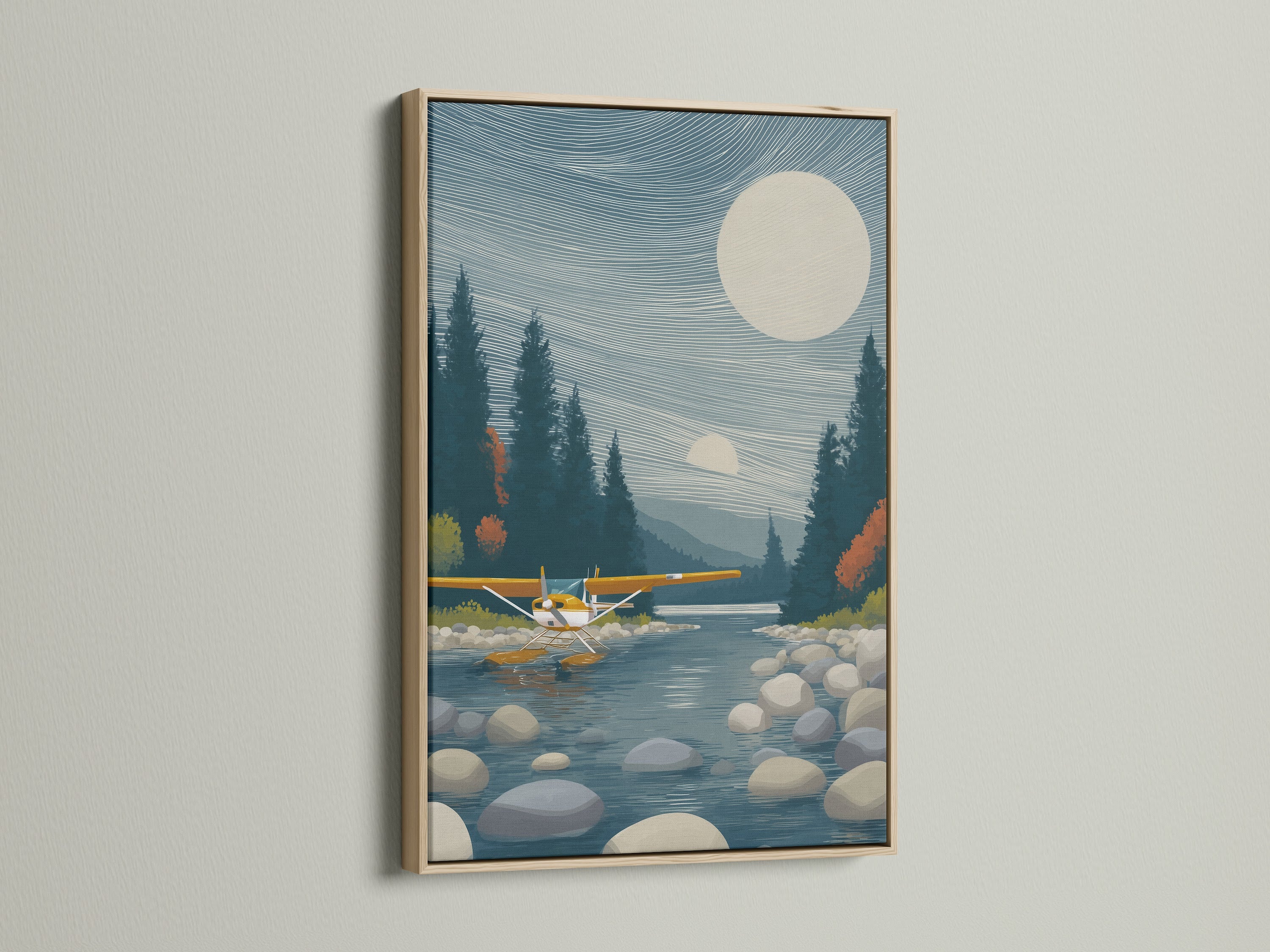 Seaplane canvas artwork in an oak frame. Lake landscape wall artwork for cabin decor. This modern aviation artwork adds a rustic touch. Ideal for minimalist Scandinavian or eclectic styles. Enhance your living space with nature's beauty and adventure.