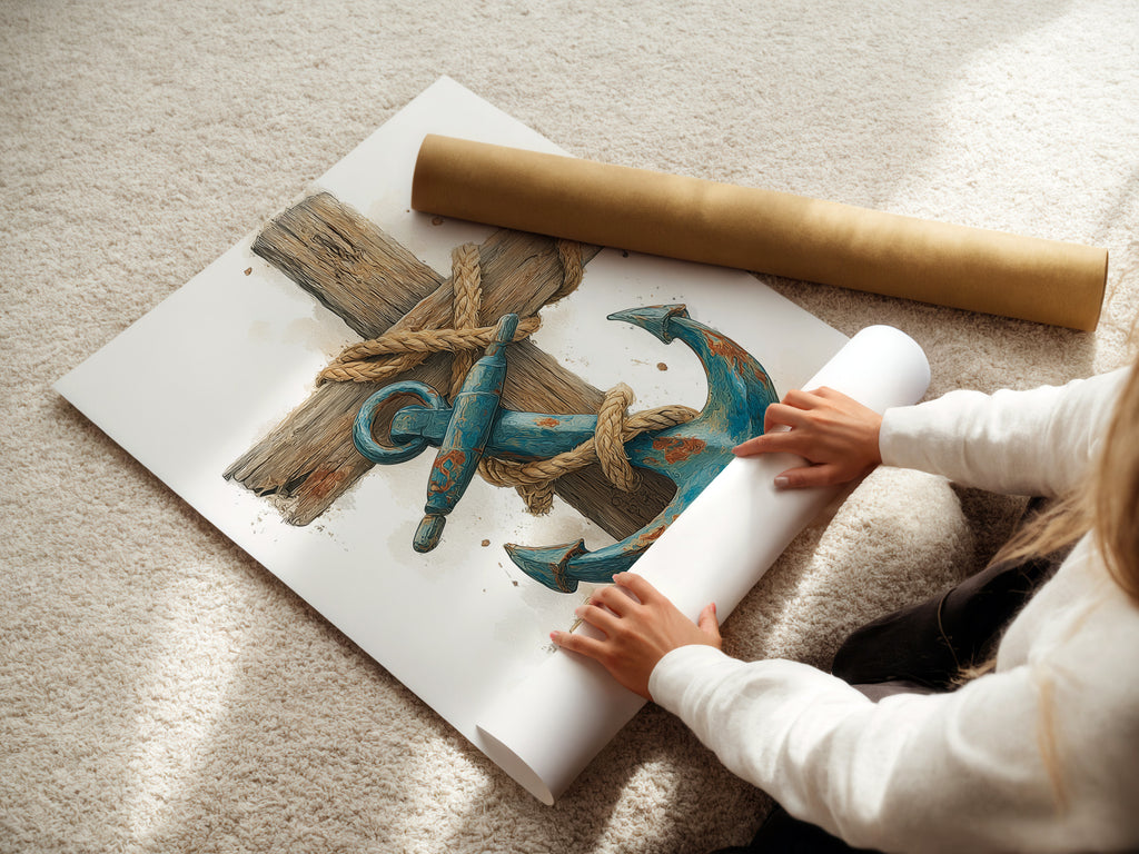 A woman is carefully rolling a fine art poster paper print. The print features a blue anchor. It is wrapped in rope against a wooden cross. Archival-quality paper ensures lasting beauty. This is perfect for framing or displaying as is.