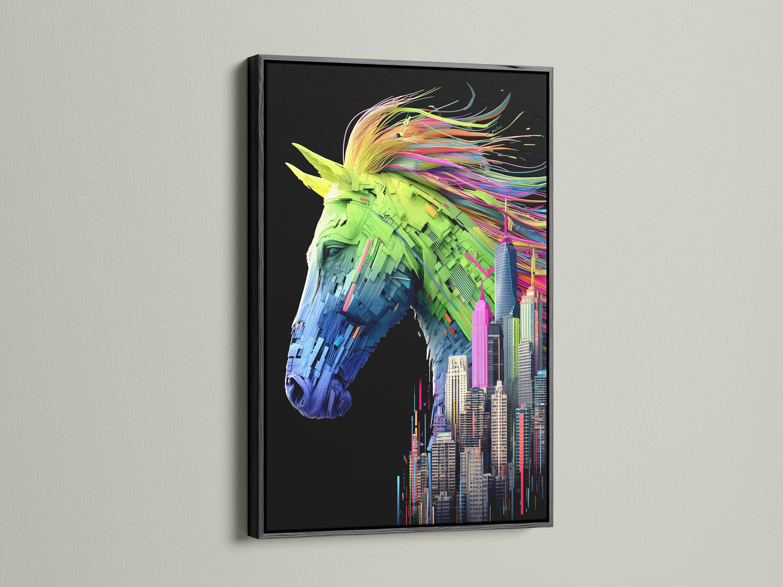 This black frame elegantly presents a horse cityscape artwork. The dark frame makes the colors pop. This modern animal canvas is a great addition to office decor. Enhance your space with this artwork.