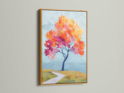 Gold Frame displaying the Autumn Tree Canvas Print. The artwork offers vibrant fall colors wall art. The gold frame adds a touch of elegance. It is perfect for contemporary print. This seasonal decor enhances any living space.