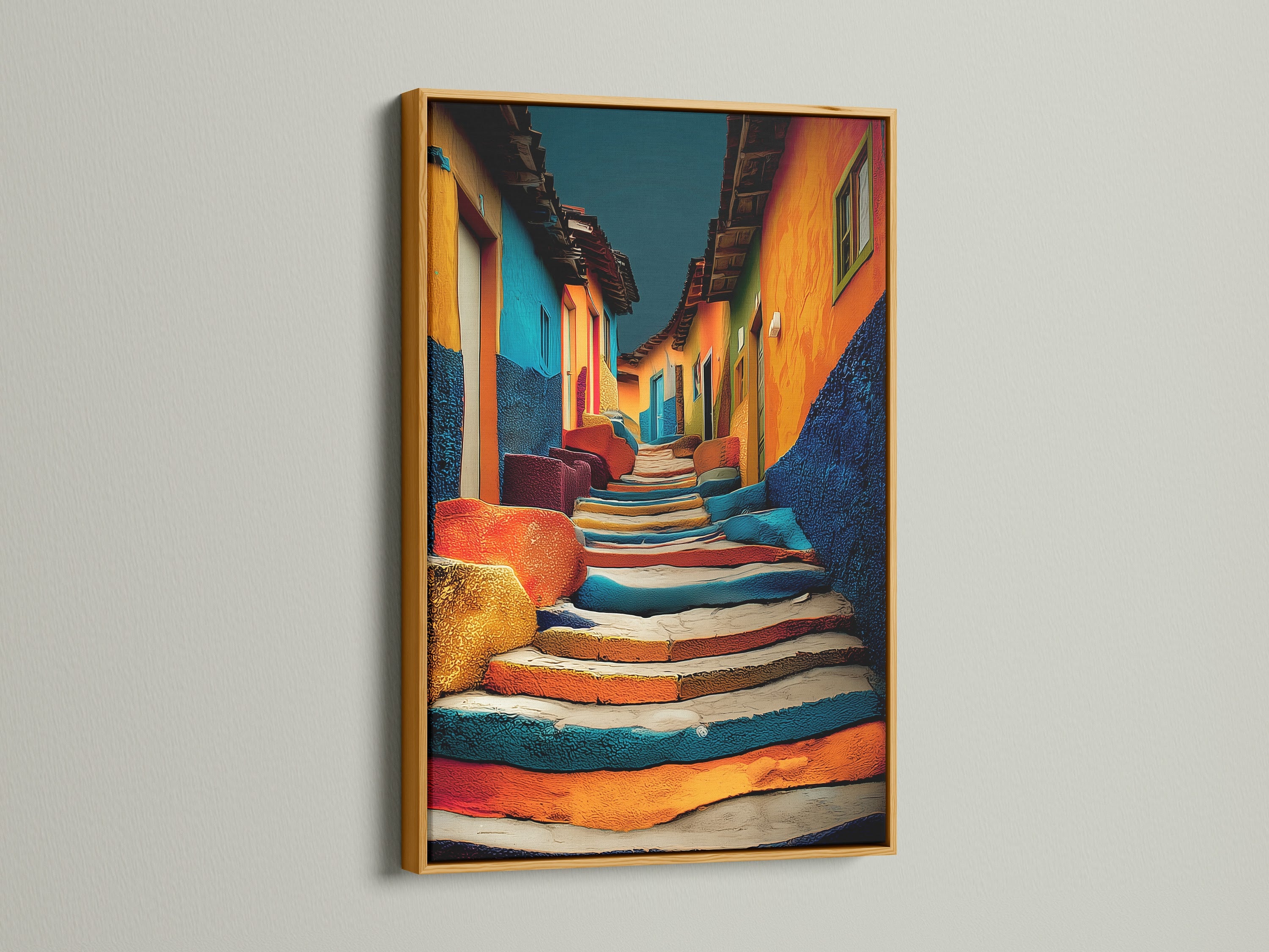 A stunning artwork of colorful stairs and buildings is highlighted by a gold frame. The art print is displayed on a white wall. The gold frame adds a touch of elegance to the artwork. The vibrant colors and gold accents create a luxurious feel. Elevate your decor with this piece.