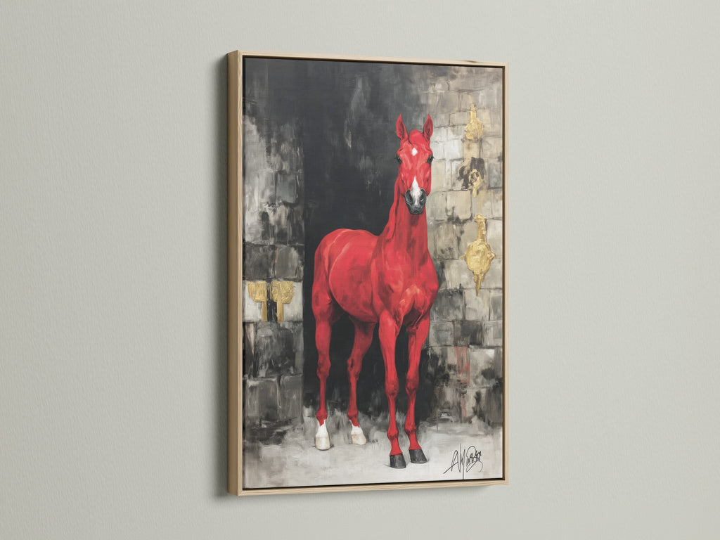 The red horse artwork is showcased in a natural oak frame. This equestrian decor adds warmth to any room. The oak frame complements the modern horse art. It's an ideal choice for horse lovers seeking animal canvas art.