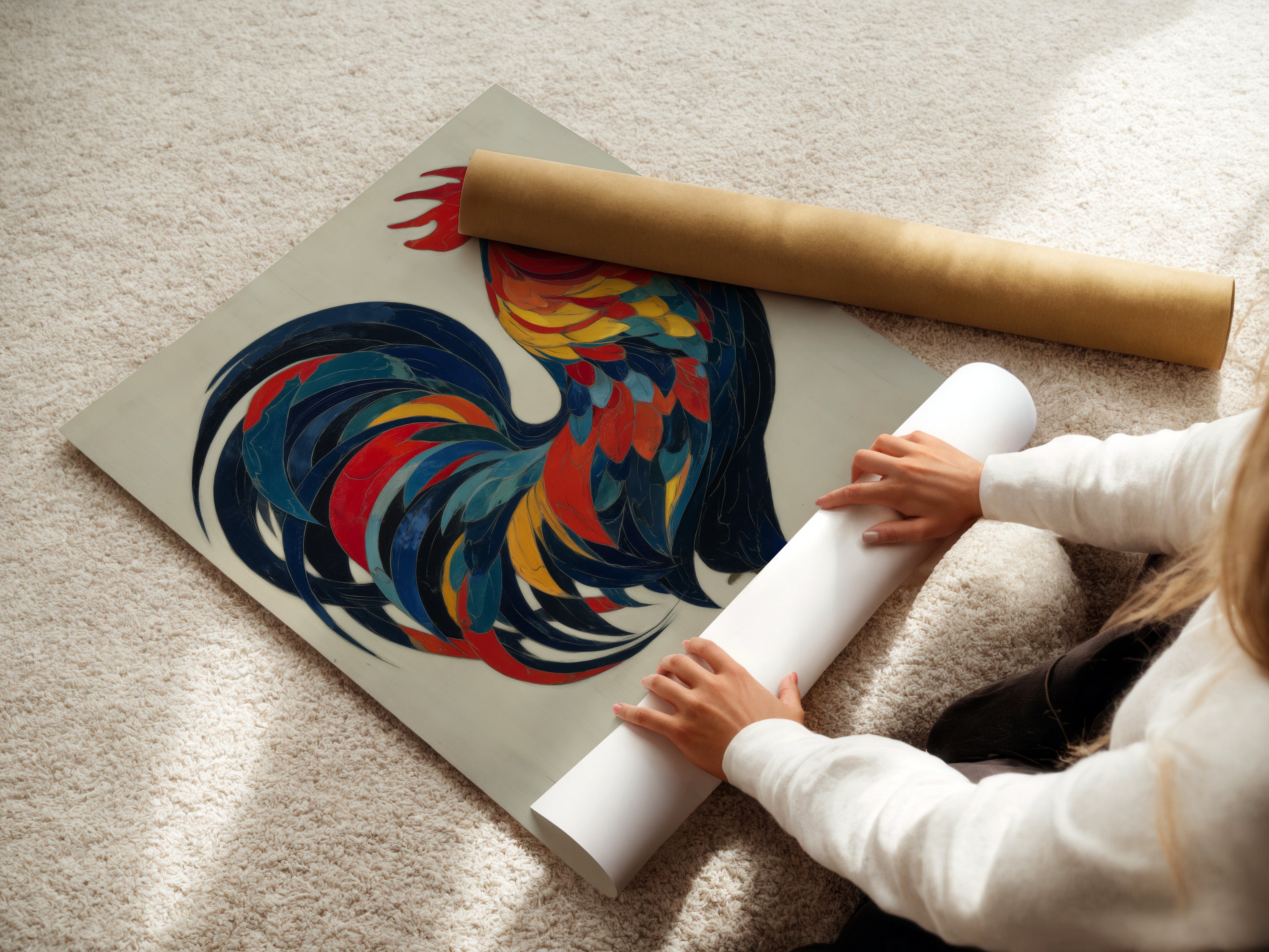 This image shows a woman carefully rolling a fine art poster paper print. The poster paper ensures high-quality reproduction of the colorful rooster artwork. Ideal for those who appreciate detailed and vibrant prints. Perfect for framing and displaying in your home.
