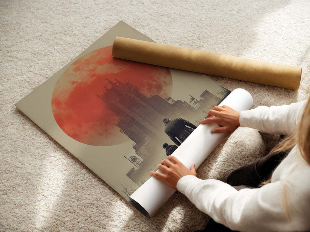 A woman rolls fine art poster paper. The paper is carefully rolled for protection. High quality paper is essential for fine art prints. See the texture and finish of the poster paper. Ideal for preserving and displaying artwork. Ensure your art lasts with premium poster paper.