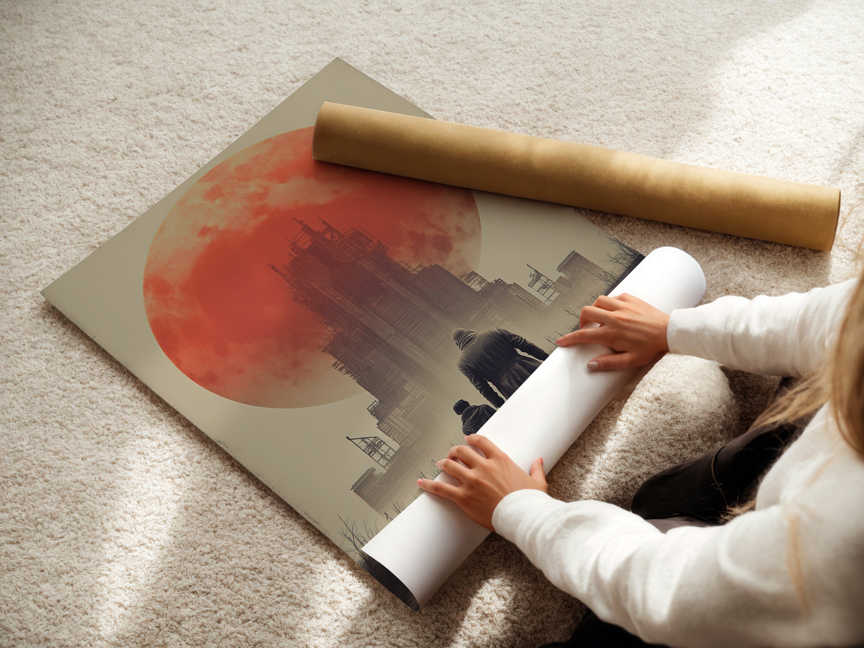 A woman rolls fine art poster paper. The paper is carefully rolled for protection. High quality paper is essential for fine art prints. See the texture and finish of the poster paper. Ideal for preserving and displaying artwork. Ensure your art lasts with premium poster paper.