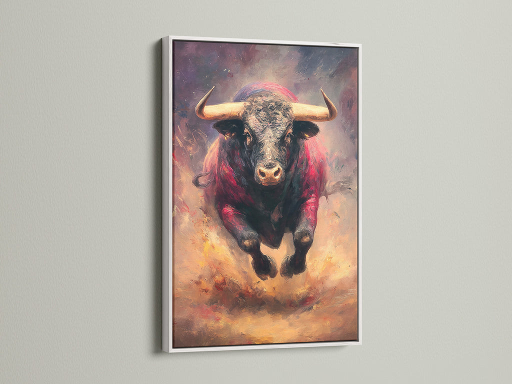 The white frame highlights a dynamic bull artwork. The artwork brings energy to any wall. The white frame offers a clean modern look. Discover how framed art transforms your living space with elegance.