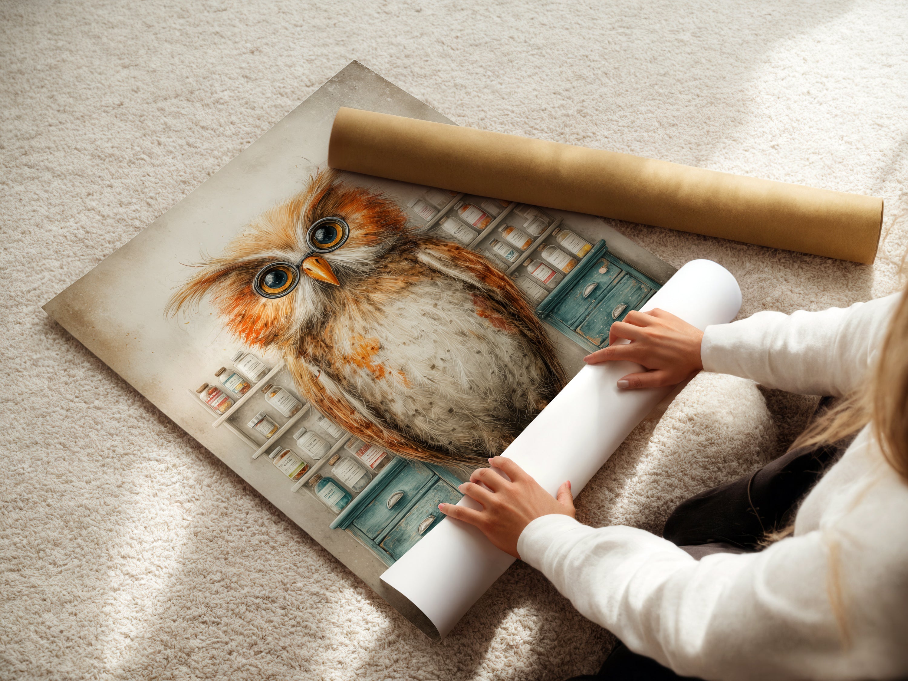 A woman rolling fine art poster paper. High-quality materials ensure the best owl artwork print. The vintage pharmacy art is perfect for any space. We offer options for professionals and art lovers. Our owl canvas prints are ideal for study room decor. Experience the beauty of our unique owl artwork.