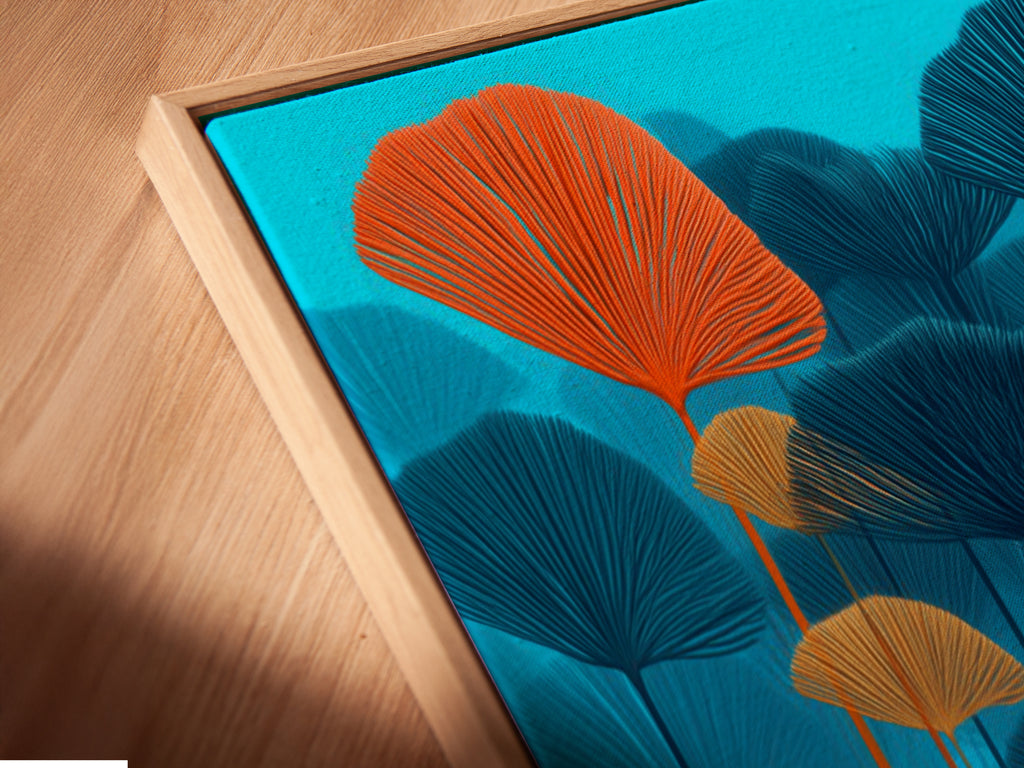 A close-up angled view of a canvas print in a floating frame highlights its depth and texture. The teal and orange botanical artwork adds a modern touch to any space. Perfect for those seeking refined contemporary wall decor that complements minimalist or Scandinavian styles.