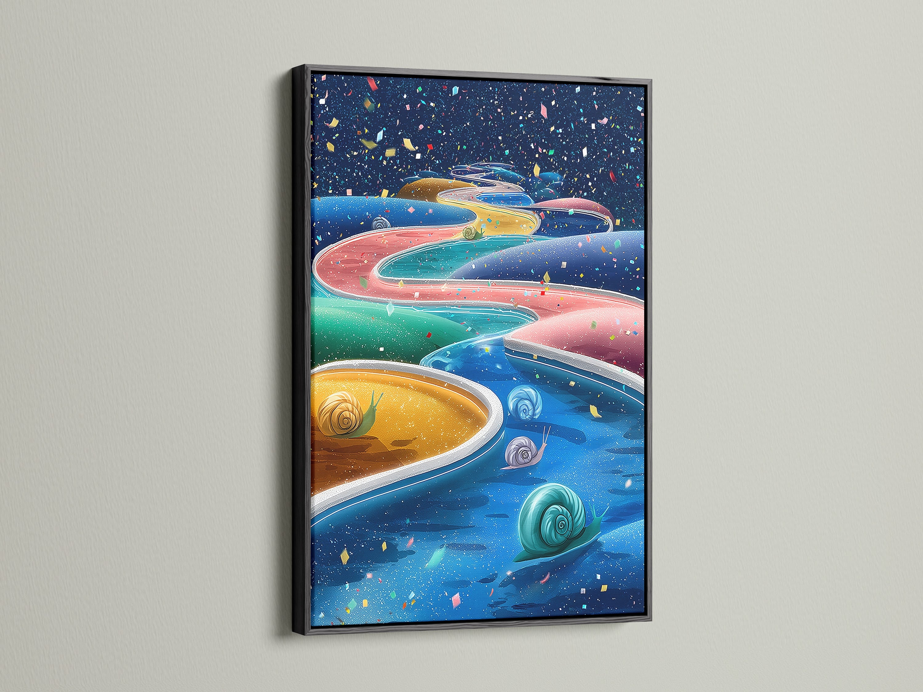 Whimsical snail artwork in a black frame. This colorful abstract piece enhances kids room decor. The turquoise blue artwork is a modern print. It is perfect for playful art. The snail canvas adds a unique touch to any space.