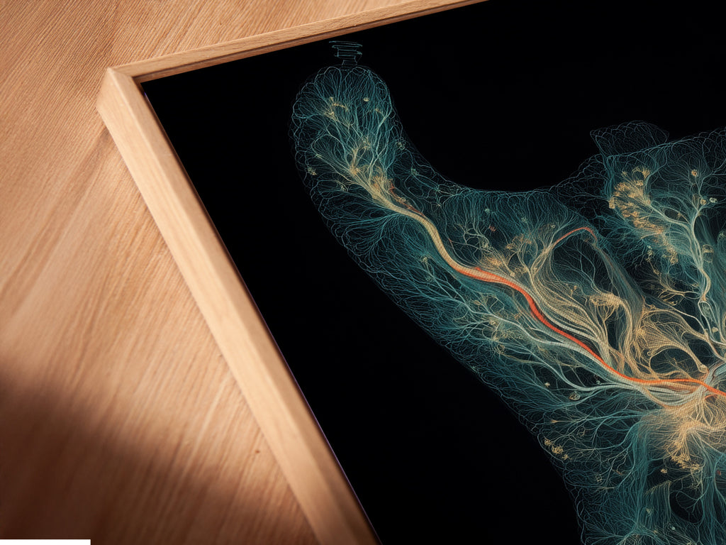 Close-up angled view of a canvas print in a floating frame. The art features a guitar with tree-like patterns. The floating frame gives the artwork a modern and refined look. The canvas print enhances the art's texture and depth. This piece is perfect for a contemporary home. It adds a touch of musical inspiration.