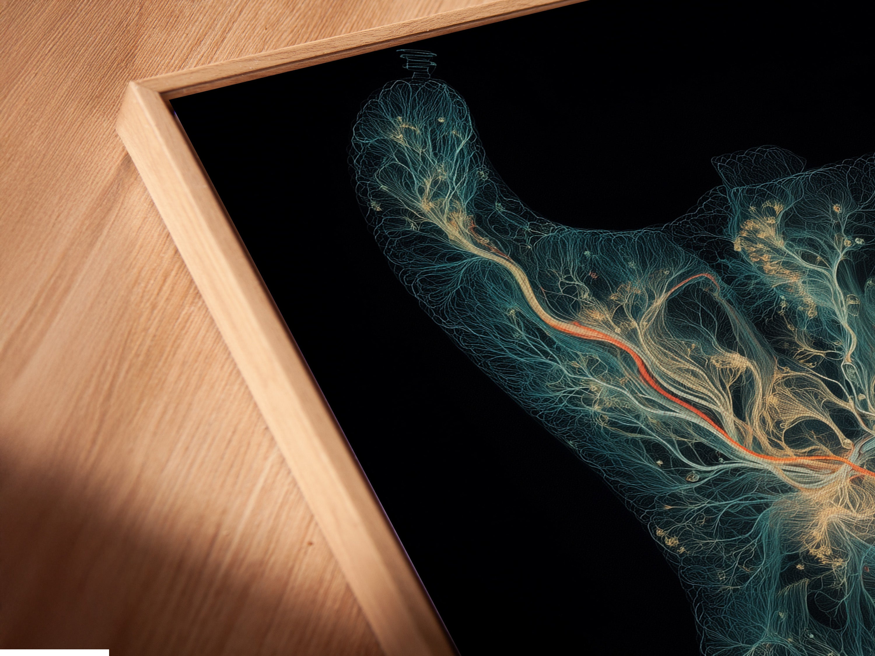 Close-up angled view of a canvas print in a floating frame. The art features a guitar with tree-like patterns. The floating frame gives the artwork a modern and refined look. The canvas print enhances the art's texture and depth. This piece is perfect for a contemporary home. It adds a touch of musical inspiration.