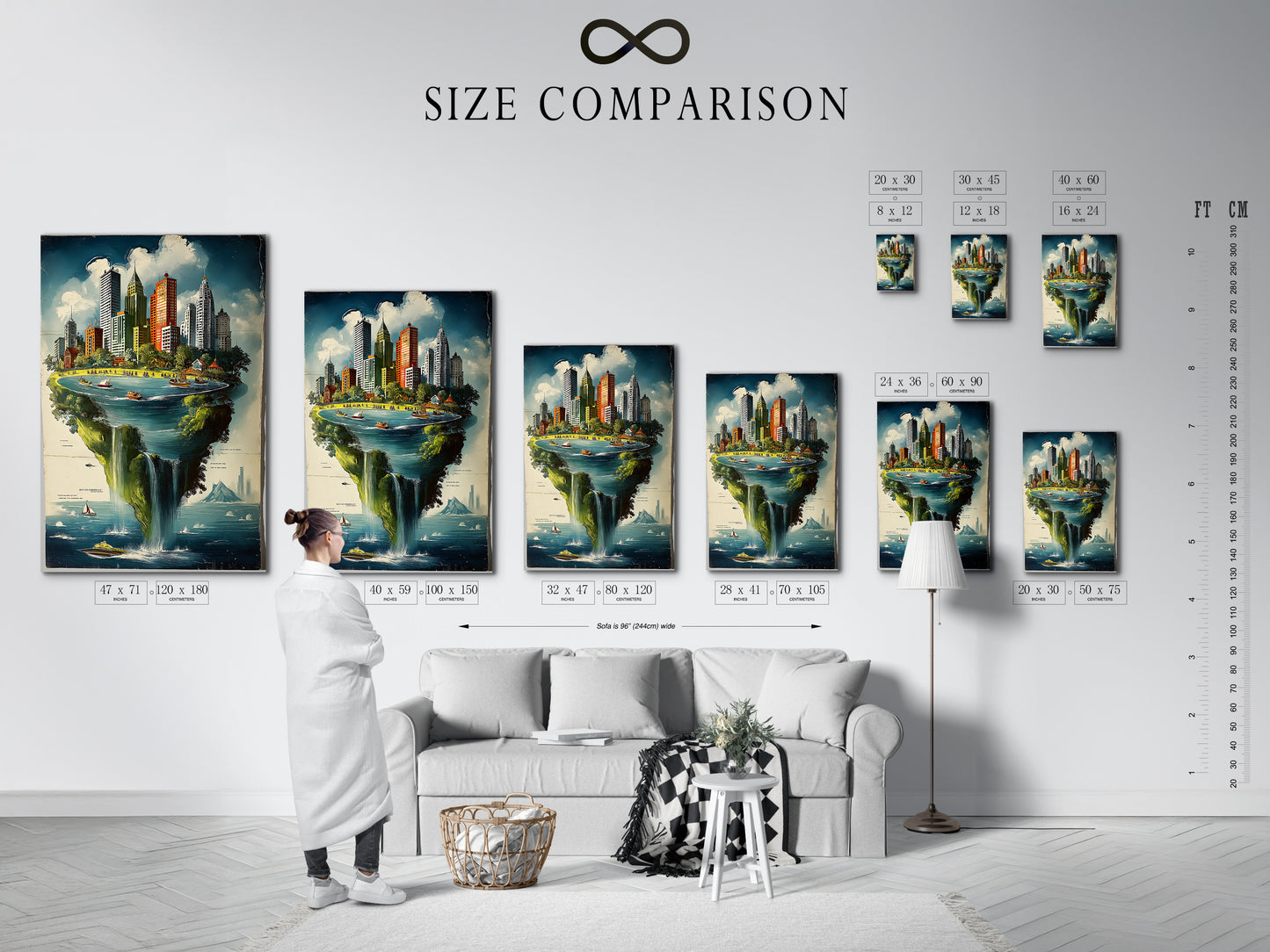 A size comparison chart displayed in an interior setting next to a cityscape island artwork. The chart helps visualize the artwork's dimensions in different spaces. This fantasy print features a whimsical floating metropolis. It ensures you choose the perfect size for your wall. It is ideal for informed art purchases.