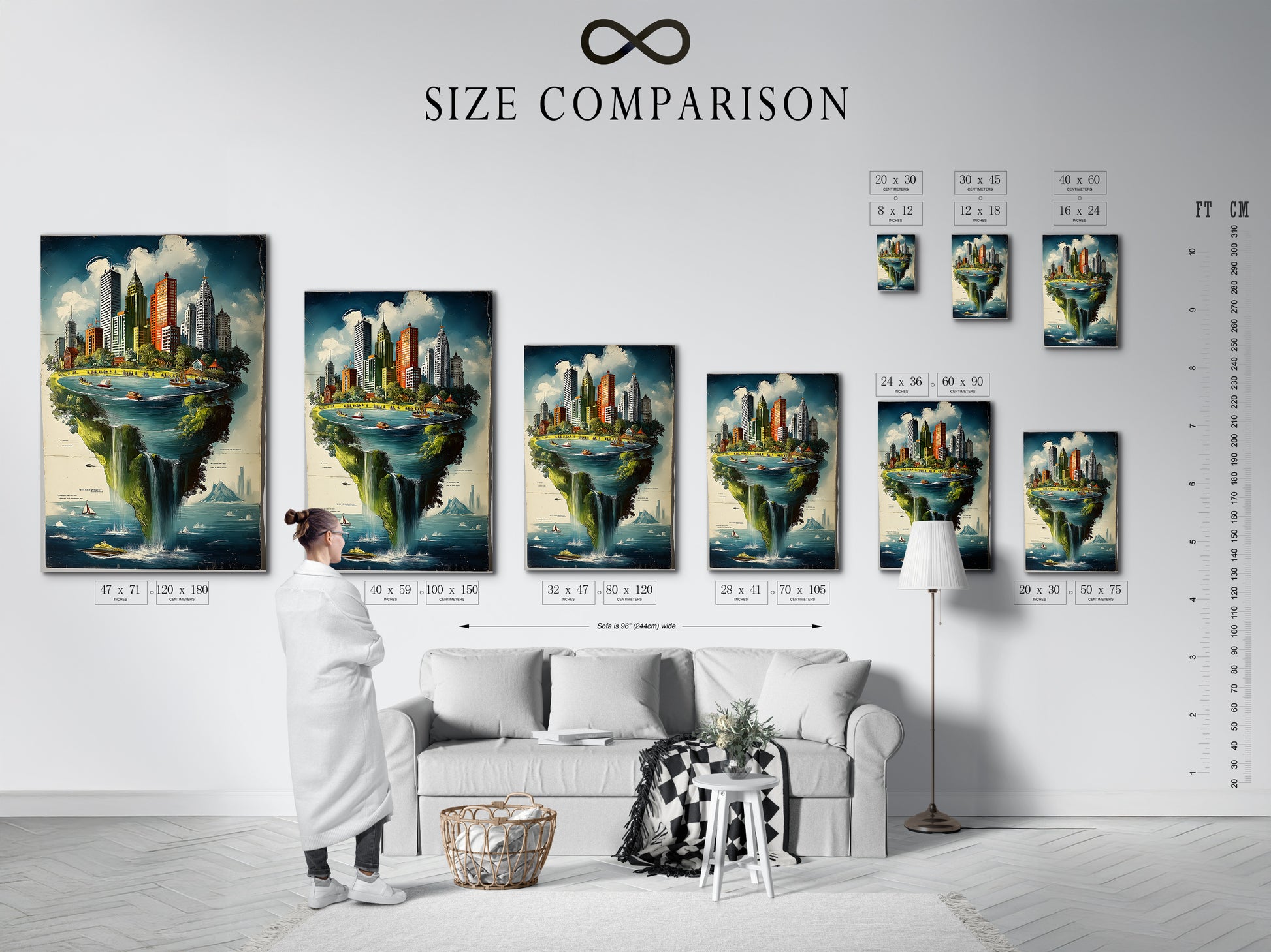 A size comparison chart displayed in an interior setting next to a cityscape island artwork. The chart helps visualize the artwork's dimensions in different spaces. This fantasy print features a whimsical floating metropolis. It ensures you choose the perfect size for your wall. It is ideal for informed art purchases.