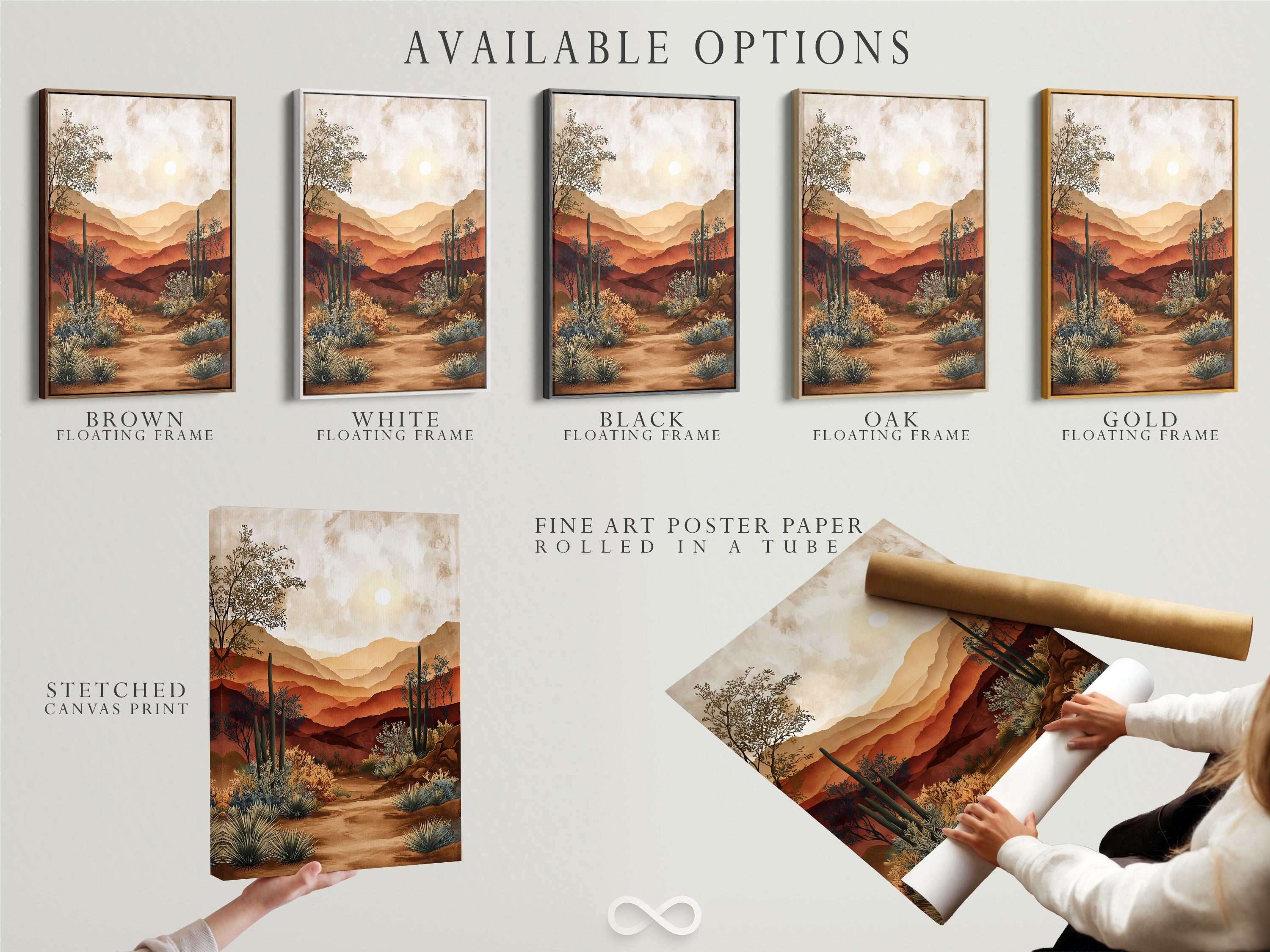 This image displays available artwork options. Options include stretched canvas prints fine art poster paper and floating frames. Choose the perfect format to match your style. Each option enhances the art's presentation. Customize your art to fit your space.