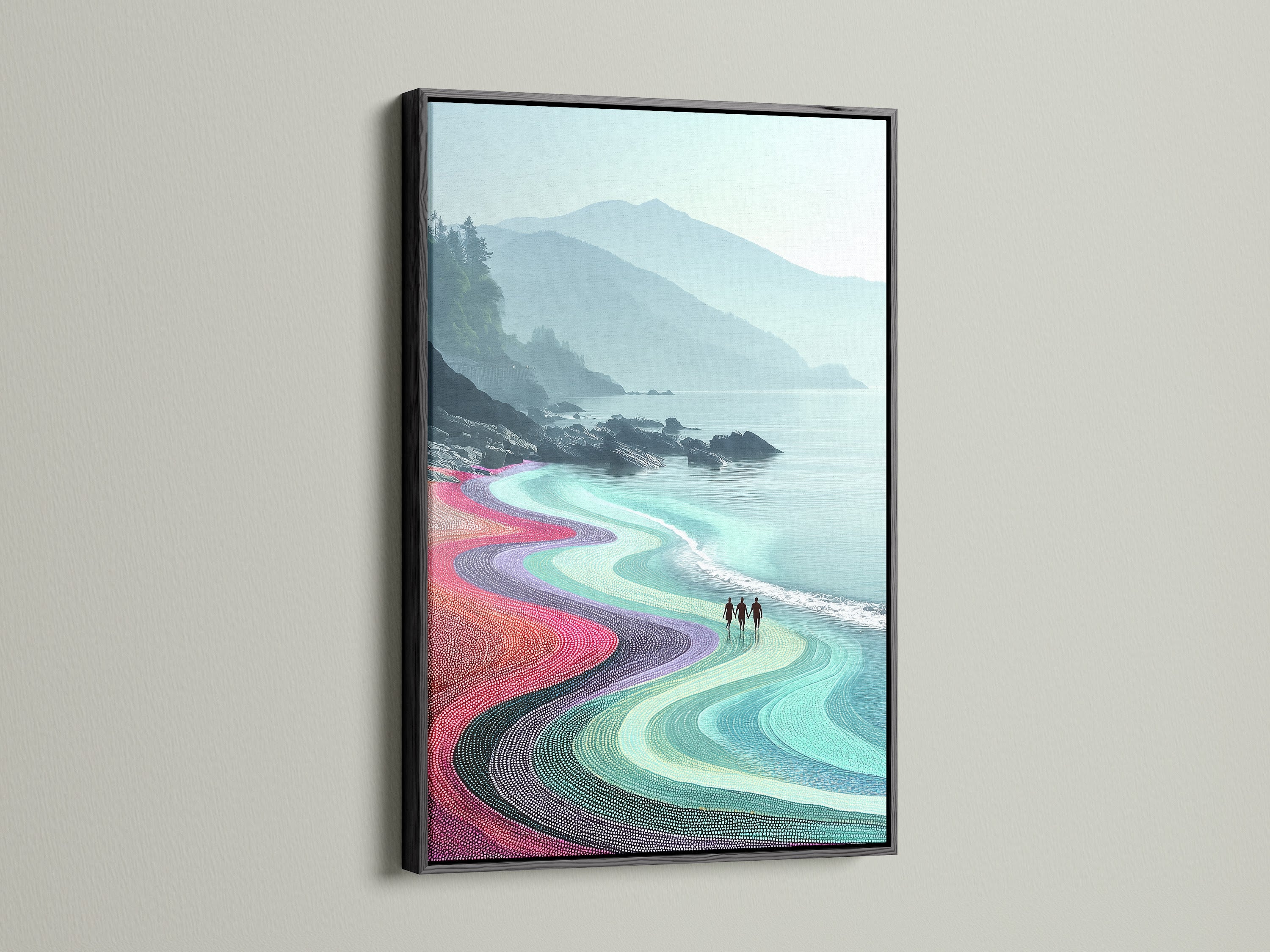 Coastal landscape artwork presented in a sleek black frame. The turquoise ocean art brings a modern seascape vibe. A beautiful poster for bedroom wall decor. This piece enhances any space with its beach landscape and coastal charm.
