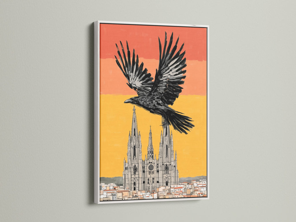 This black bird cathedral canvas print is framed in white. Explore the beauty of gothic wall art. The artwork adds a touch of elegance to any space. Ideal for homeowners renters and interior designers seeking gothic home decor and architecture art.