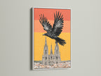 This black bird cathedral canvas print is framed in white. Explore the beauty of gothic wall art. The artwork adds a touch of elegance to any space. Ideal for homeowners renters and interior designers seeking gothic home decor and architecture art.