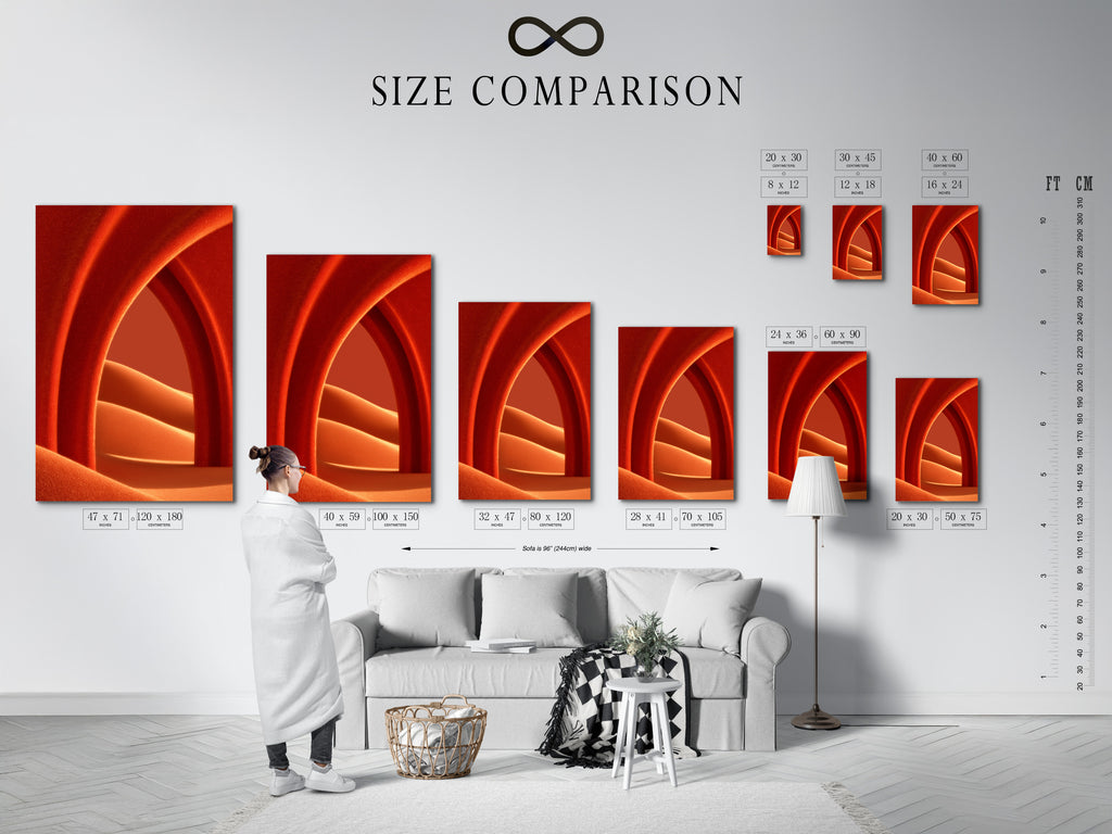 A size comparison chart is displayed in an interior setting. The chart showcases abstract terracotta wall art. This modern minimalist poster is perfect for bedroom wall decor. Visualize the ideal size for your space. Add a touch of contemporary artwork to your home.