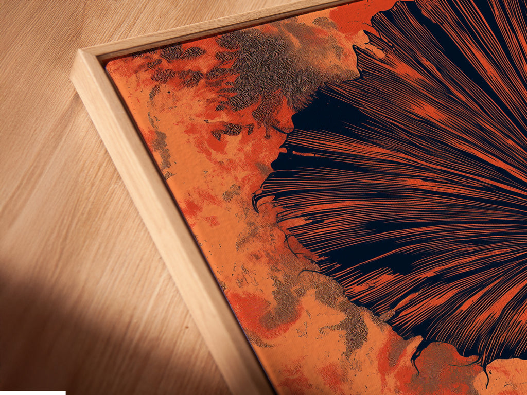 Close-up of a canvas print in a floating frame. This botanical fan palm artwork is modern. The burnt orange wall art enhances your space. Ideal for adding a touch of nature. This tropical foliage poster is a stunning addition.