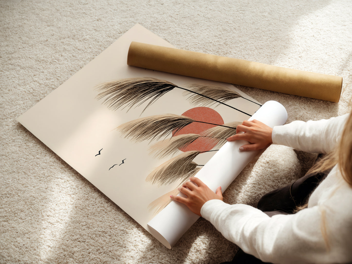 A woman carefully rolling a fine art poster paper print of pampas grass artwork. Highlighting the delicate handling of the botanical art. This minimalist print is perfect for creating a serene bedroom wall decor. Ideal for adding a touch of nature to any space. The fine art poster paper ensures a high-quality finish.