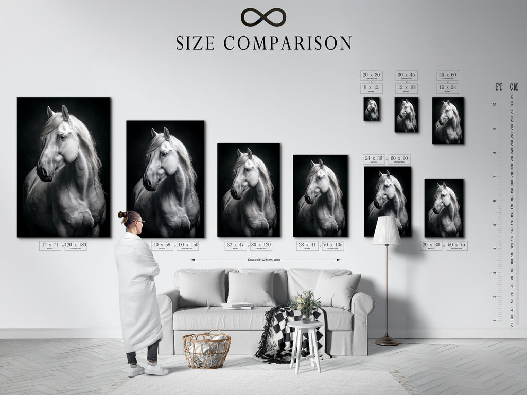 Size comparison chart displayed in an interior setting. Visualize the perfect dimensions for your horse artwork. See how different sizes of canvas prints and posters complement your space.