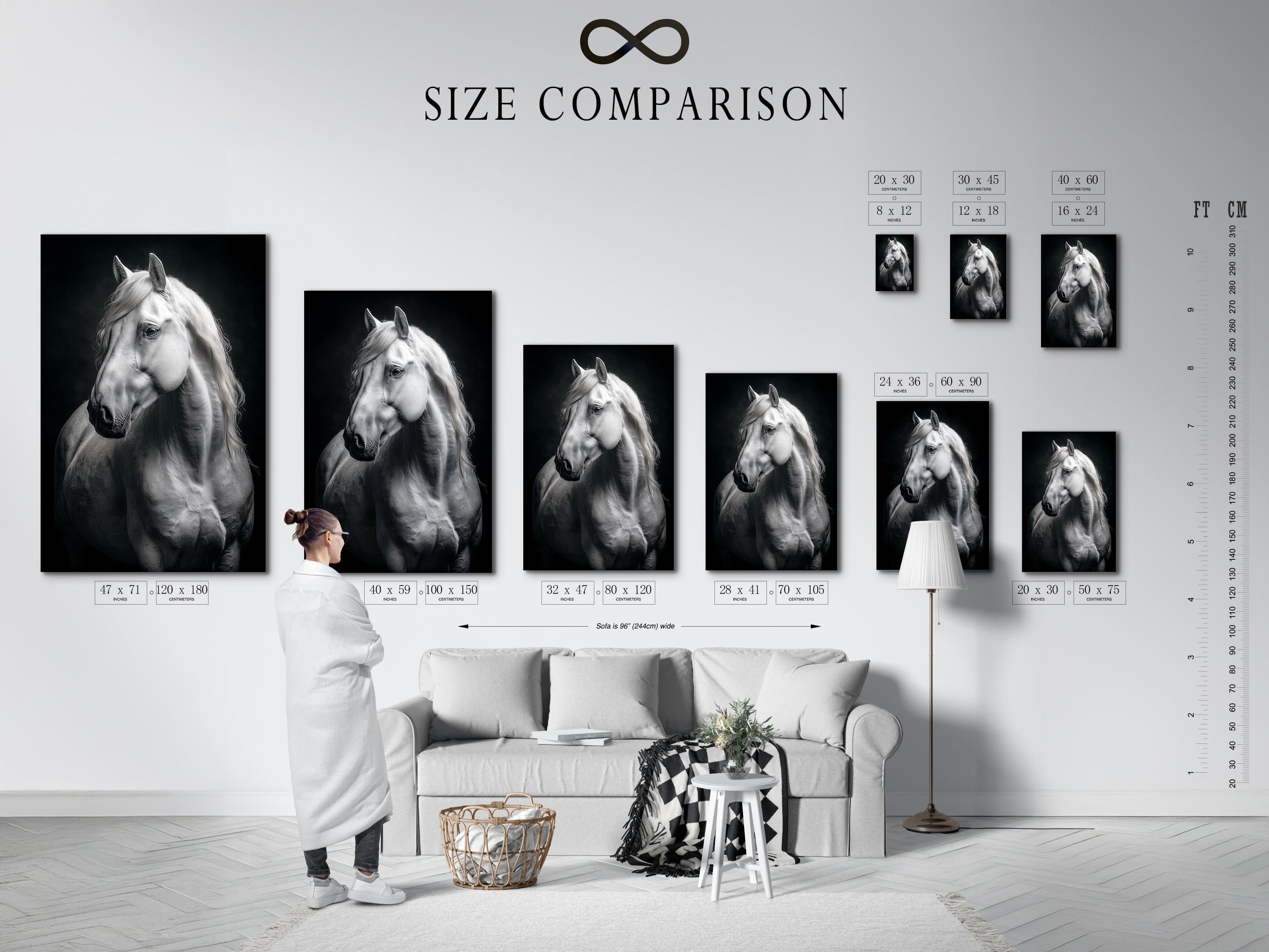 A size comparison chart shows the various dimensions available. A white horse in black and white is used as the artwork example. Find the perfect size for your equestrian wall art. Choose the ideal animal canvas for your space. Perfect size for bedroom wall decor or a horse lover gift.