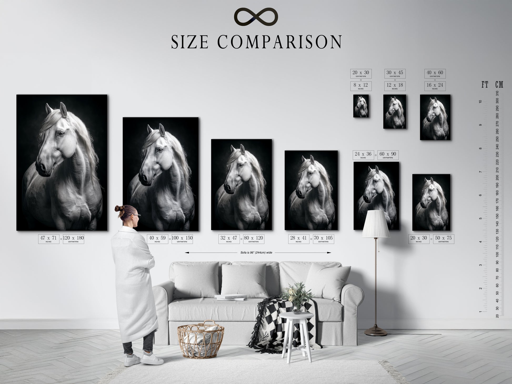 A size comparison chart in an interior setting. This chart showcases the White Horse Print. Envision the ideal dimensions for your space. This animal wall art complements any decor style. Choose the perfect size for your equestrian artwork today. Enhance your home decor.
