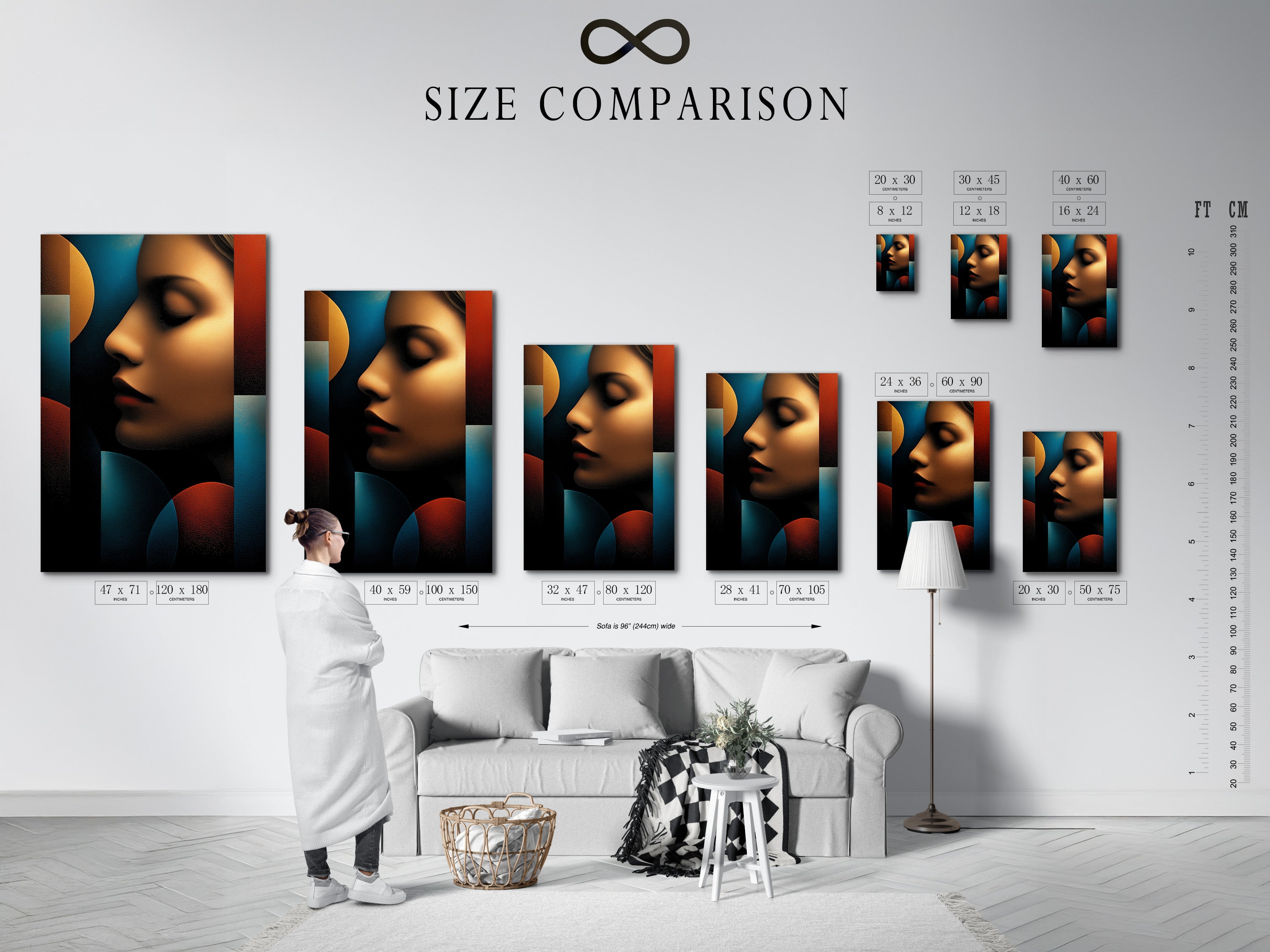 Size comparison chart in an interior setting. The chart shows different artwork sizes. This helps visualize how the artwork will look in a room. The interior provides a realistic context. This is perfect for planning your home decor.