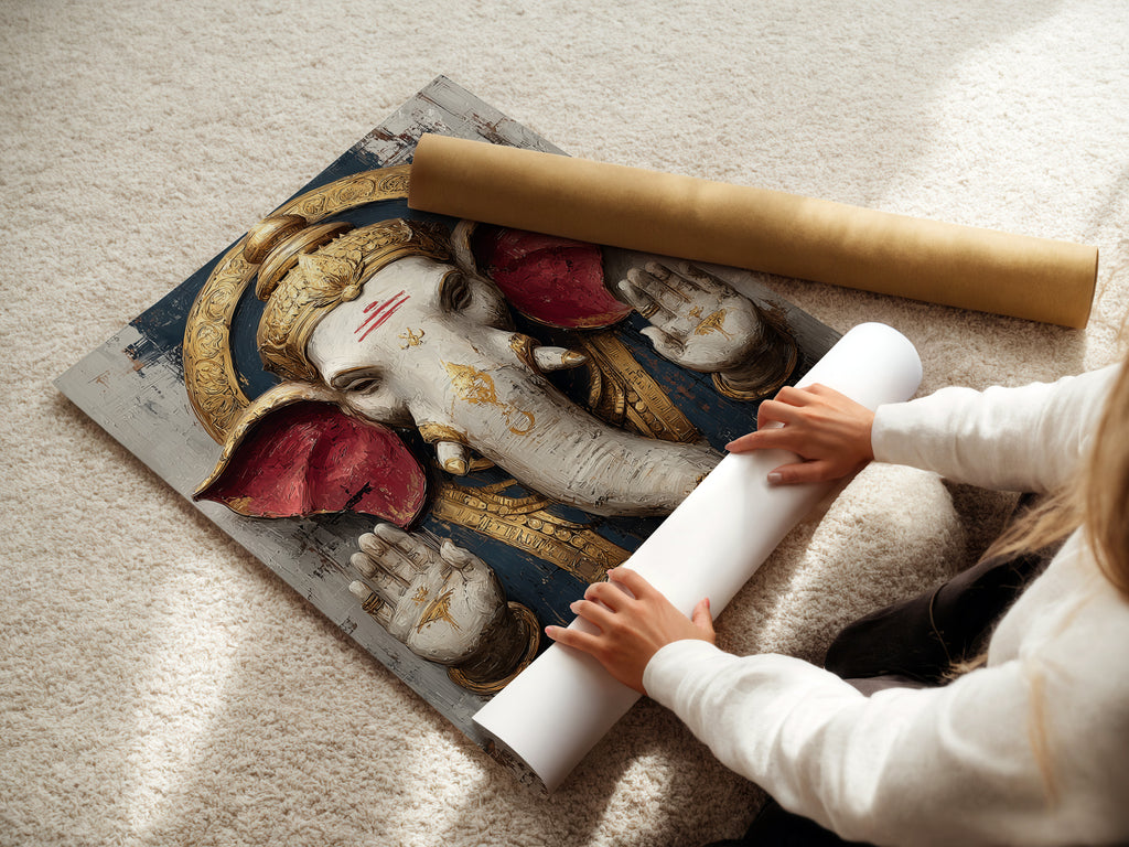 A woman rolls fine art poster paper featuring Ganesha Wall Art. This Hindu Elephant God print is perfect for spiritual decor. It is ideal for bohemian-themed meditation rooms. It is also great for yoga studios. The poster paper captures the art.