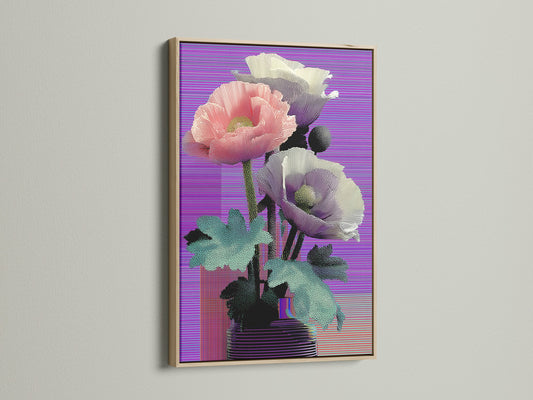 Vaporwave poppy art print in an oak frame. This retro glitch botanical wall art showcases a purple aesthetic. It's ideal canvas for bedroom decor. The oak frame complements the artwork. It will elevate your space with contemporary style.