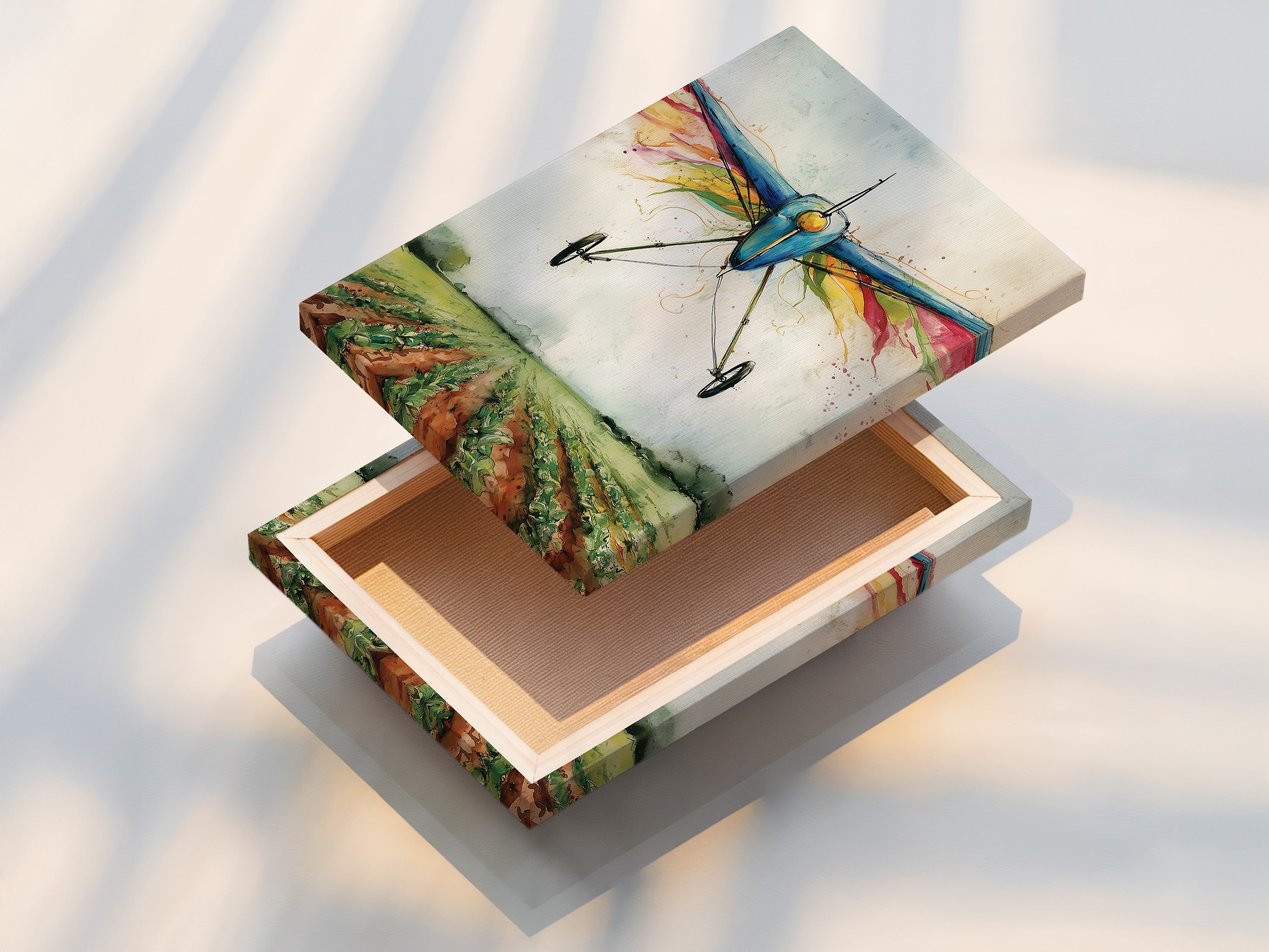 A stretched canvas print displays a watercolor airplane artwork. The vintage biplane art is ready to hang. This aviation canvas is perfect for office wall art. It adds a touch of vintage charm to any space.