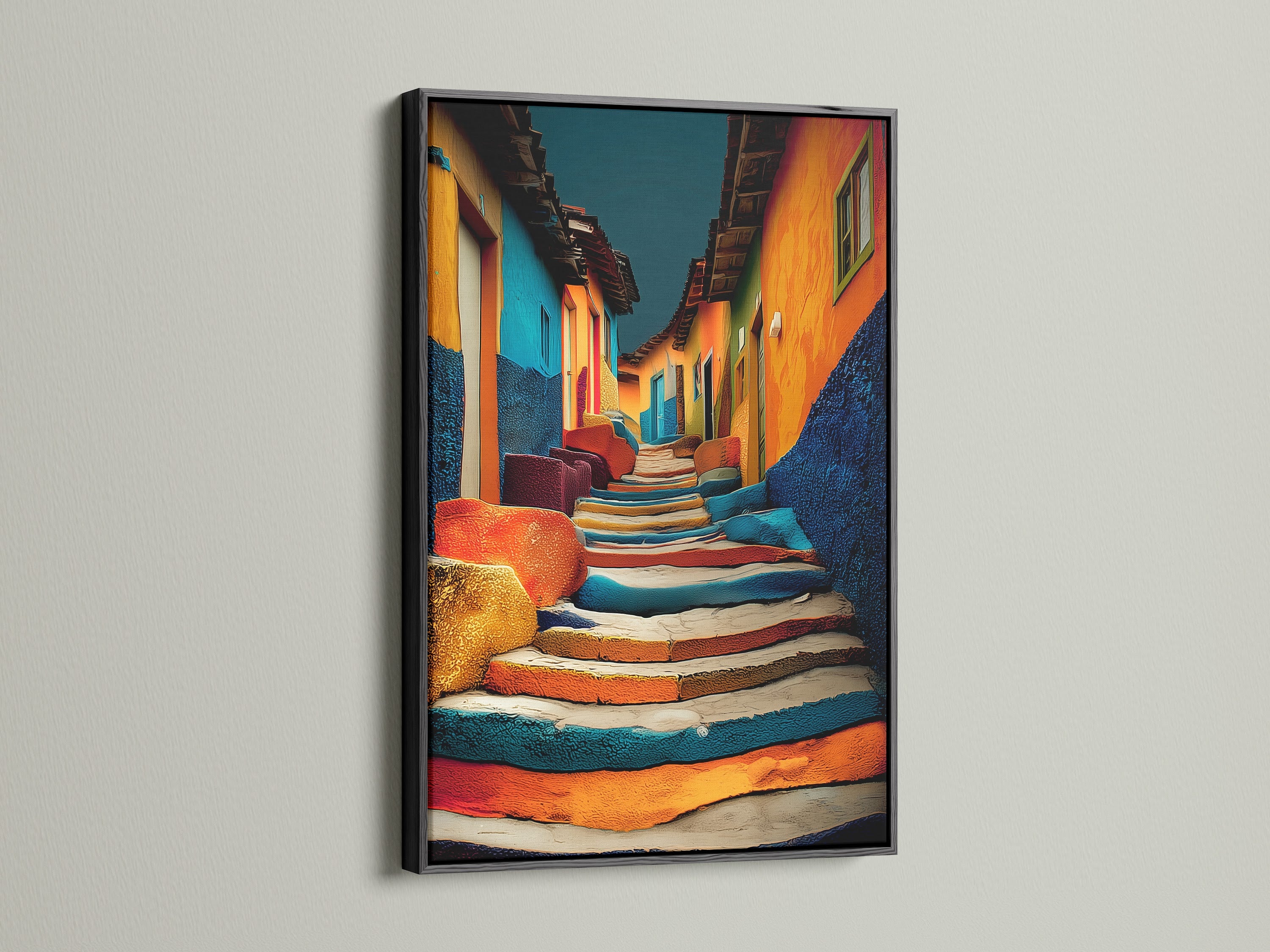 A striking artwork of colorful stairs and buildings is encased in a sleek black frame. The art print is mounted on a white wall. The black frame adds a modern touch to the artwork. The contrasting colors make it a focal point. This artwork is a must-have.