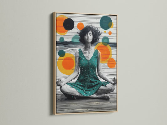 Meditation Woman Art Print in Oak Frame. This boho canvas print showcases a spiritual woman in a zen pose. Ideal wellness decor for creating a peaceful atmosphere in your home or holistic center.