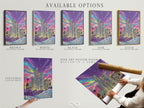 Explore available options for our synthwave cityscape artwork. Choose from stretched canvas prints. Fine art poster paper and floating frames are also options. The neon purple skyline art is perfect for office decor.