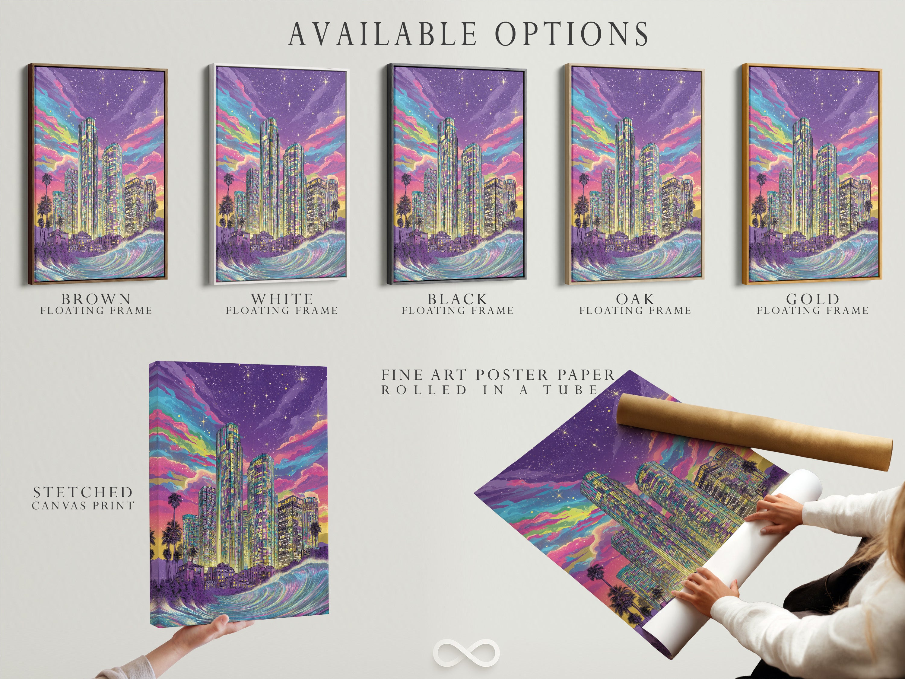 Explore available options for our synthwave cityscape artwork. Choose from stretched canvas prints. Fine art poster paper and floating frames are also options. The neon purple skyline art is perfect for office decor.