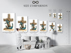 A size comparison chart displayed in an interior setting. This chart helps you visualize the artwork's dimensions. You can choose the perfect size for your space. The art features a blue anchor. It is wrapped in rope against a wooden cross.