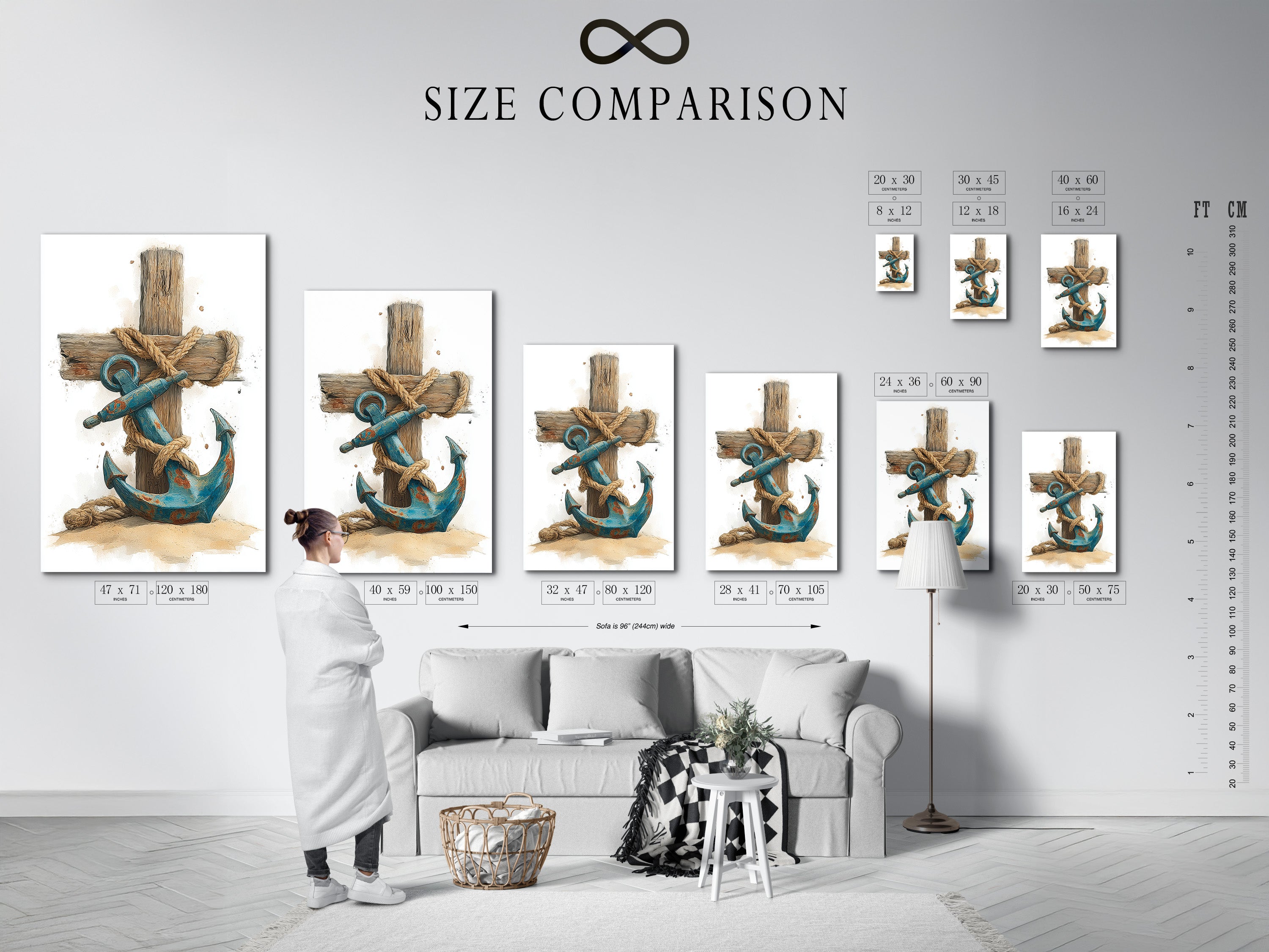A size comparison chart displayed in an interior setting. This chart helps you visualize the artwork's dimensions. You can choose the perfect size for your space. The art features a blue anchor. It is wrapped in rope against a wooden cross.