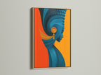 The abstract woman art is showcased in an oak frame. The natural wood grain complements the modern portrait print. The teal and orange wall decor stands out. It brings warmth and sophistication to living spaces or office wall art setups.