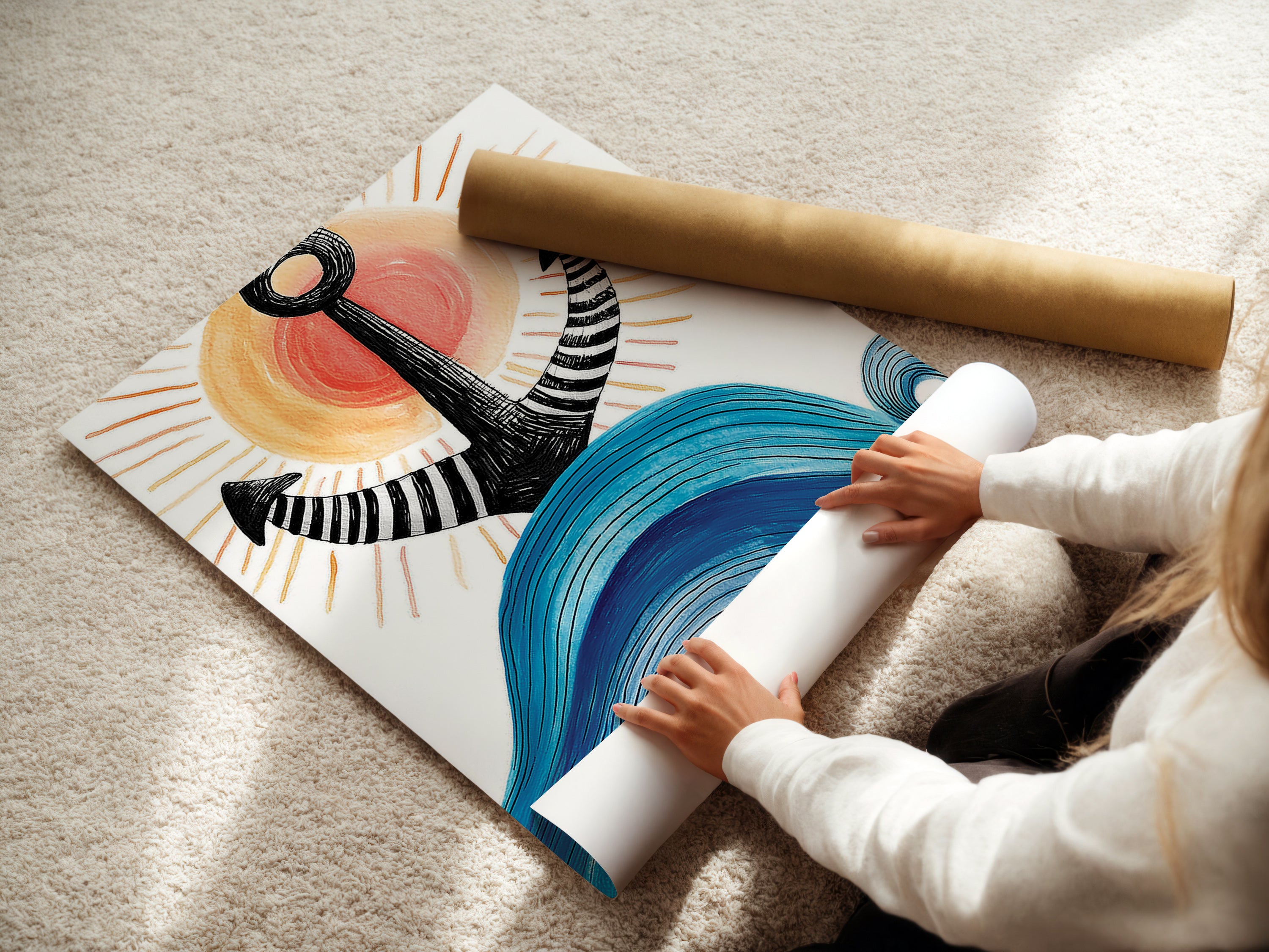 A woman carefully rolling a fine art poster paper. She is handling it with care. The poster is ready for shipping. This ensures your artwork arrives in perfect condition. Our fine art posters are printed on high quality paper. The colors are vibrant and long lasting. Experience the beauty and quality of our art prints.