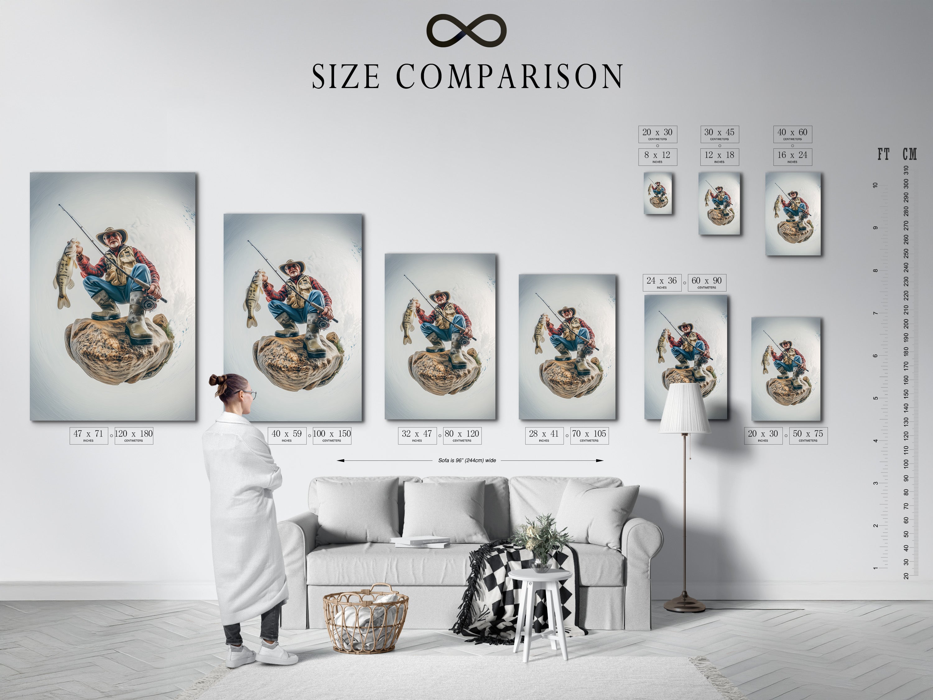 A size comparison chart is displayed in a stylish interior setting. This chart helps you visualize the perfect artwork size for your space. Find the ideal dimensions to complement your room's layout. Discover the perfect fit now!