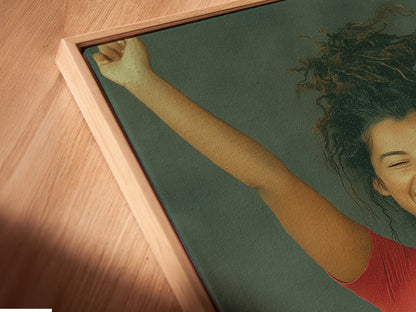 A close-up of Euphoric Woman canvas print in a floating frame.  This cheerful art enhances any space.  See the detail of this ecstatic woman portrait.  Perfect joy wall art for adding fun to your home. Positive and expressive art.